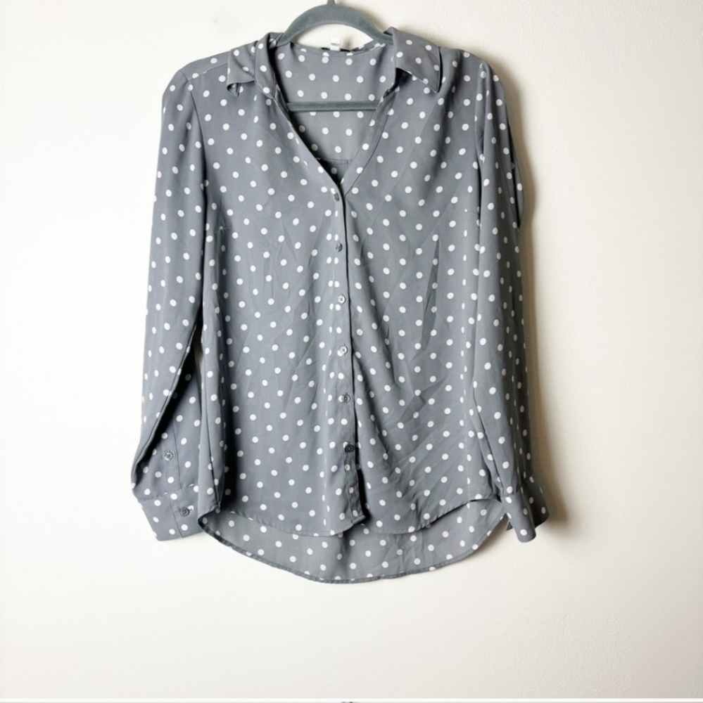 EXPRESS • Women’s The Portofino Shirt Slim Fit Grey/White Polka Dot Button Down